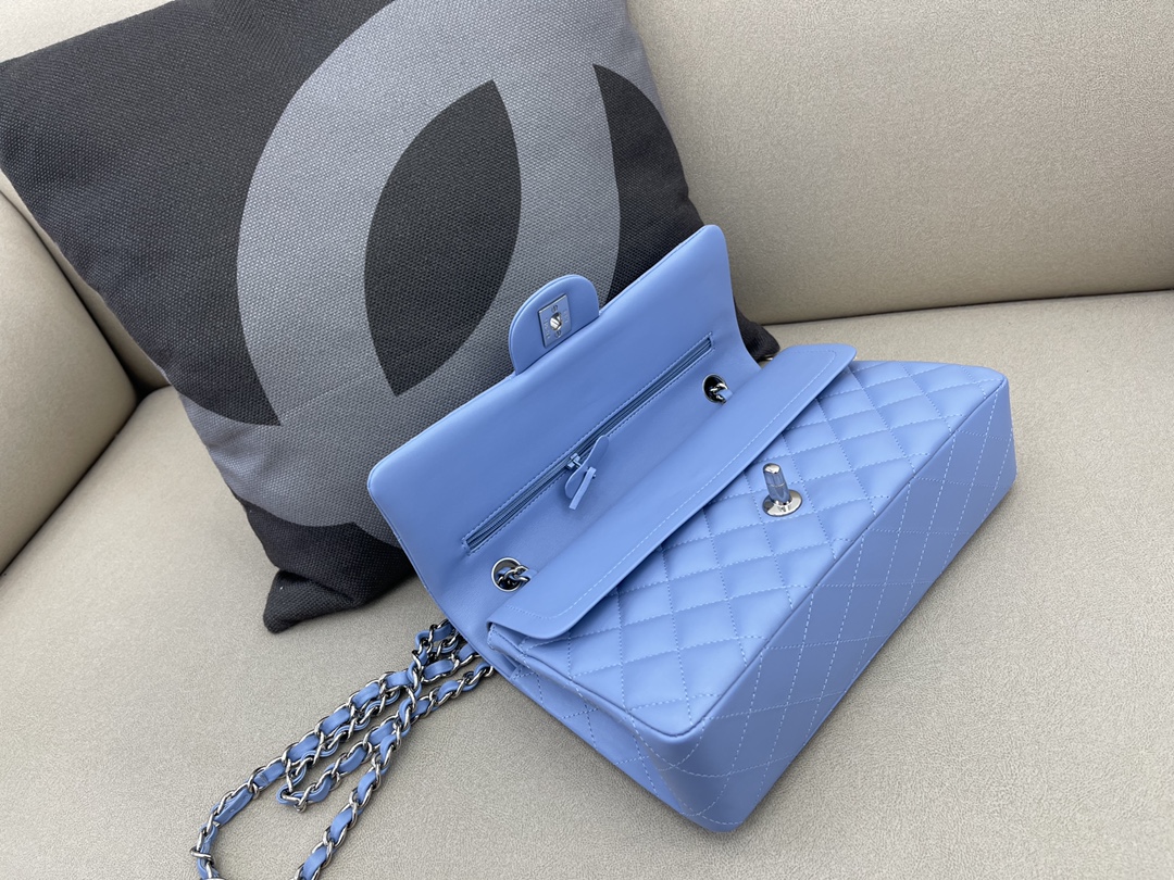 Medium Classic Flap Lambskin Bag AO1112 Baby Blue/Silver